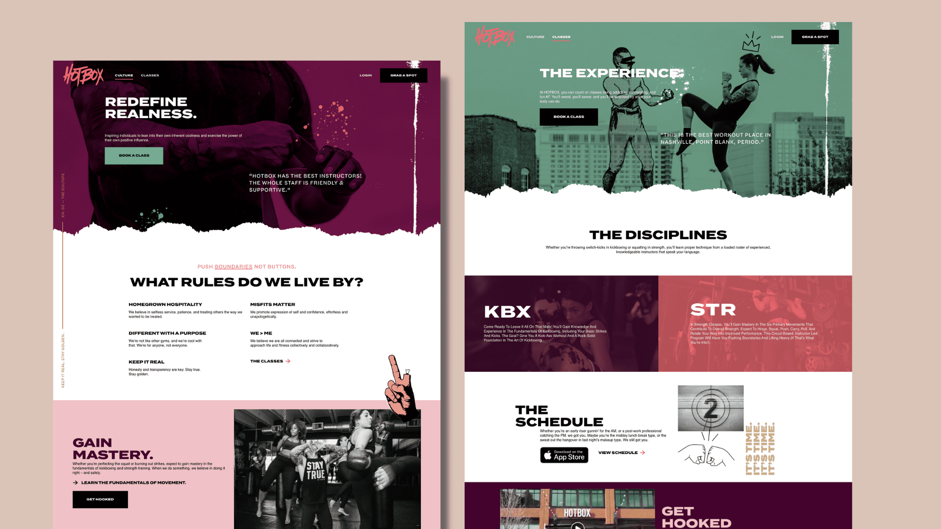 A two page, side by side mockup of the Hotbox website on a pale pink background