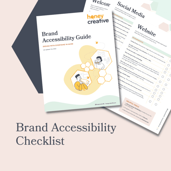 Brand Accessibility Checklist with four sample pages of the guide shown on a pink background