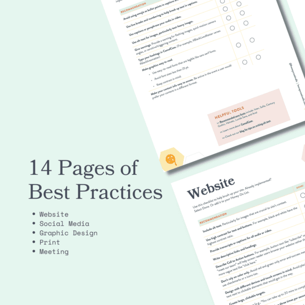 14 pages of best practices including social media, website, graphic design, and meetings with two pages from the guide shown on a blue background