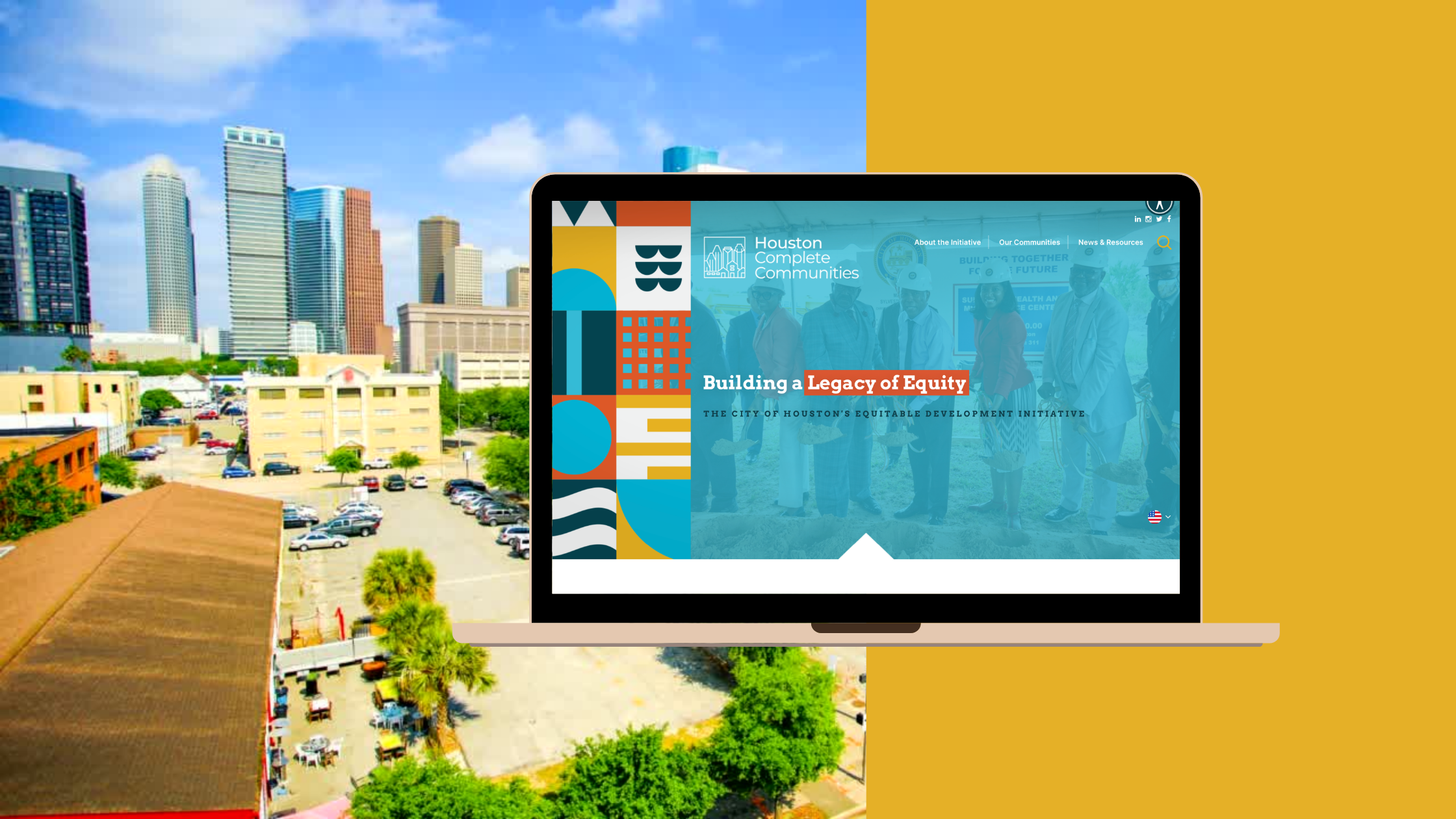 A simple mockup of the Houston Complete Communities website on a split background with the city of Houston on the left and a plain gold background on the right.