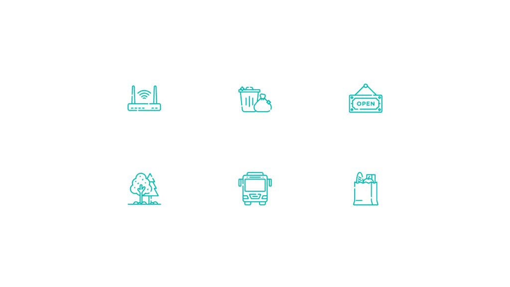Two rows of 3 simple line icons used for Houston Complete Communities to indicate their initiatives  