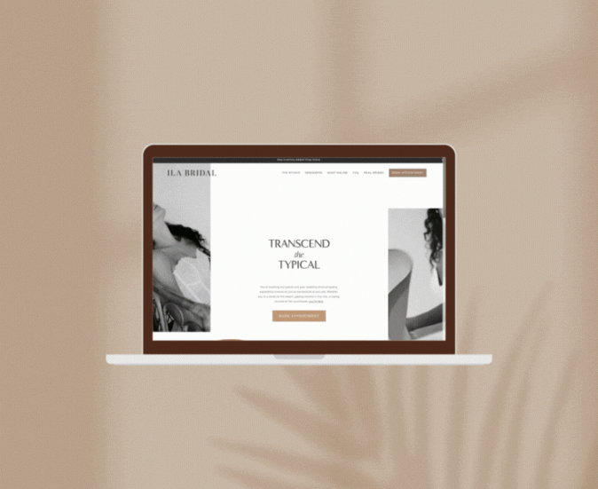 A scrolling mockup of Ila Bridal's Squarespace website centered on a taupe background with a botanical shadow overaly